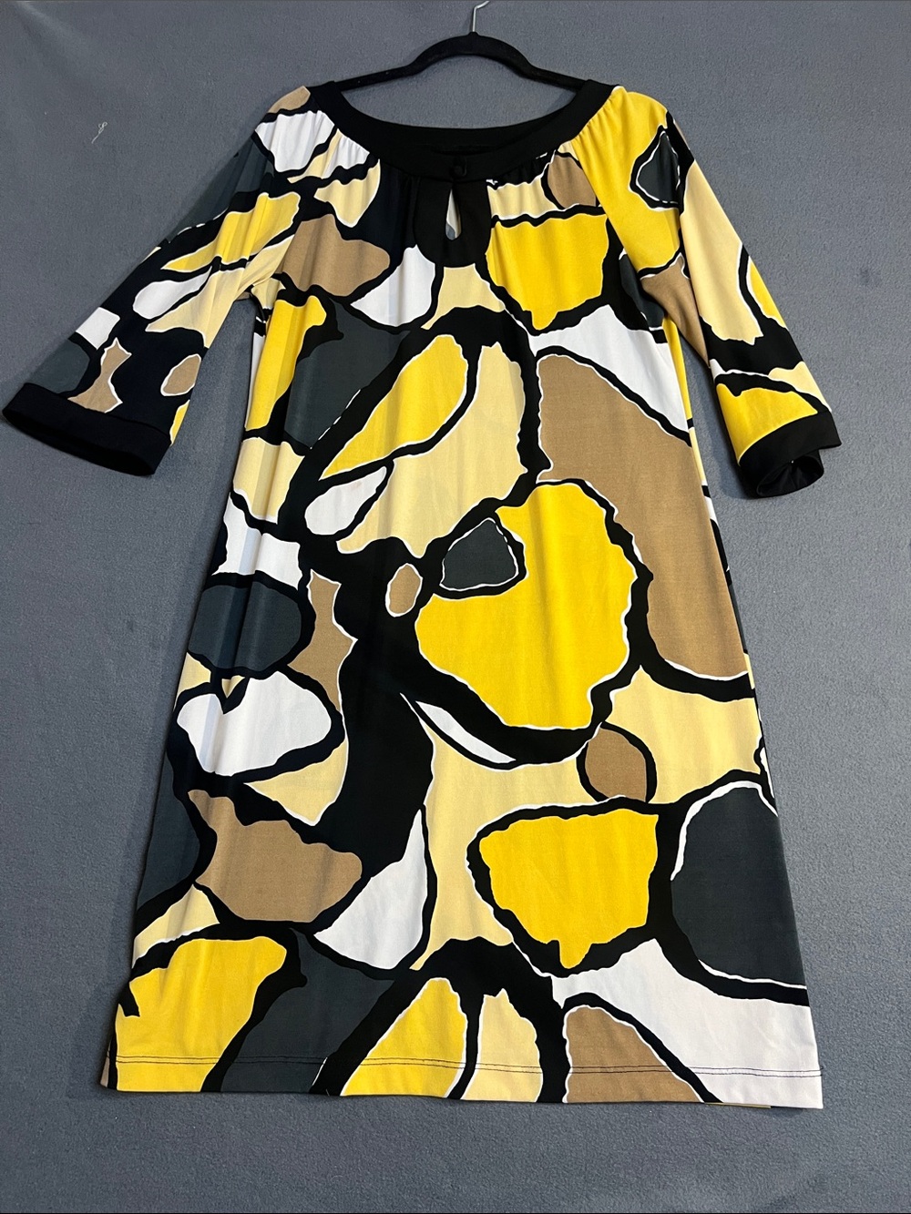 Chico's Yellow Black White & Tan Abstract Midi Dress spandex